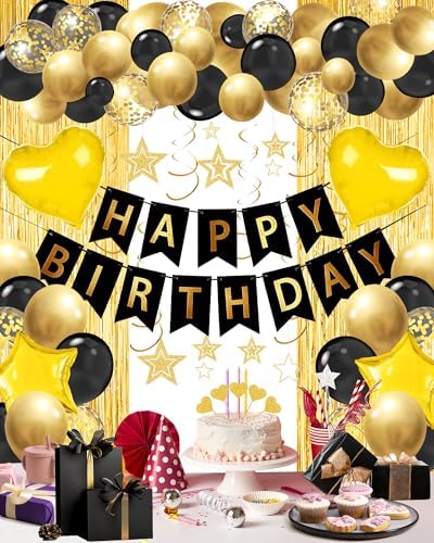 Black Gold Happy Birthday Party Decorations with Banner Balloons for men by Lutoys