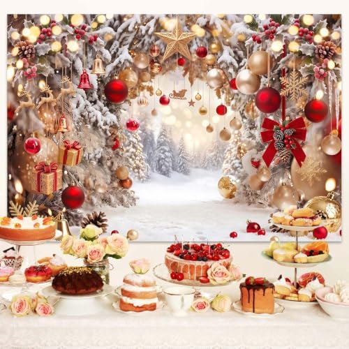6X4FT Winter Christmas Gold Red Arch Backdrop Dreamy Snowy Forest Scene - Image 2