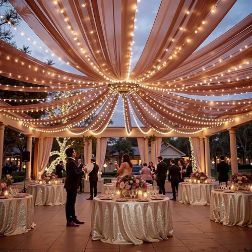 Terracotta Ceiling Drapes with Lights for Weddings, 6 Panels 5ftx20ft Sheer Tulle Curtain Drapes for Wedding Ceremony Birthday Party Arch Decoration - Image 2