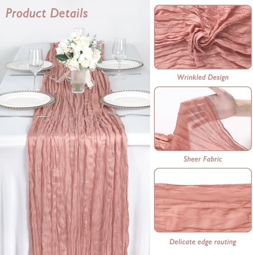 1 Pack Dusty Pink Cheesecloth Table Runner 120 Inch Boho Wedding Decor - Image 3