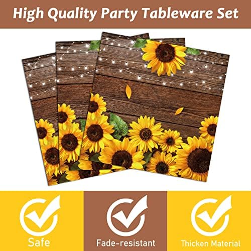 200PCS Sunflower Paper Plates and Napkins Sunflower Birthday Party Decoration Hoedown Party Decorations Supplies with Wood Land Background Bridal Baby Shower Tableware Brown Country Rustic Style - Image 4