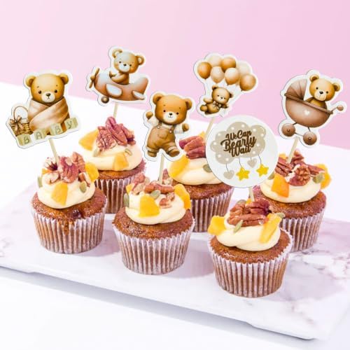 Gyufise 36Pcs Bear Cupcake Toppers Bear Cupcake Picks Baby Carriage Bottle Balloon We can Bearly Wait Cake Decorations for Baby Shower Gender Reveal Kids Birthday Party Supplies Coffee - Image 6