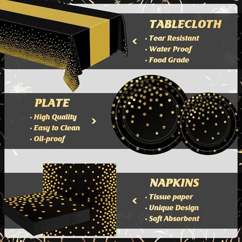 QZYL 122 Pcs Black and Gold Plates and Napkins, Black Plates Disposable for Party, Golden Birthday Tableware Serves 30, Gold Dots Retirement Party Supplies with Plate, Napkin, Fork and Tablecloth - Image 3