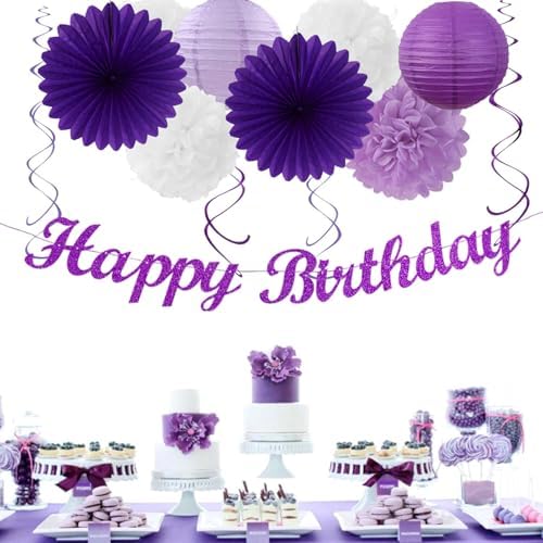 Purple-Lilac Lavender-White Happy Birthday Party-Decorations - 31pcs 20th Women Girls Paper Lanterns Streamers Banner,Tissue Pom Poms Decor,Flower Fans Tassels Graland Backdrop Supplies Hugmoon - Image 2
