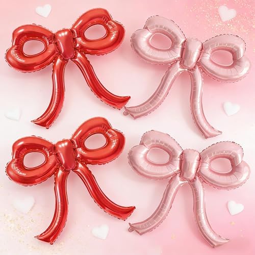 4 Pcs Red and Pink Bow Balloons Bow Party Decorations for Girl Women Pink Bow Birthday Decorations for Baby Shower Engagement Wedding Christmas Decor Bachelorette Party Supplies by Unknown