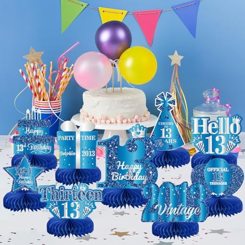 9Pcs 13th Birthday Decorations Blue Silver 13th Birthday Party Decorations for Teens Boys Girls,Happy 13 Years Birthday Honeycomb Centerpieces Table Sign Decor Supplies - Image 4