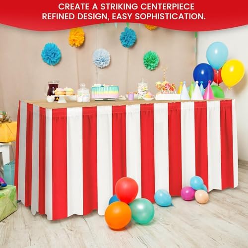 Fovths 8 Packs Red and White Striped Table Skirt Circus Table Skirt Carnival Theme Party Decorations Circus Tables Decorations for Concession Stand Holiday Party Supplies, 14 ft x 30 inch - Image 5
