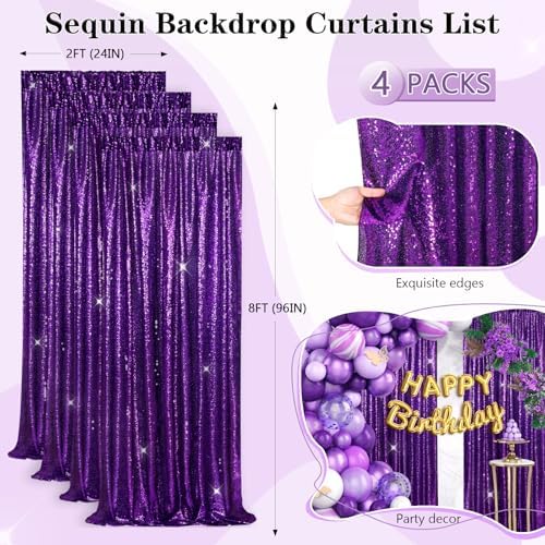 Purple Sequin Backdrop 4 Panels 2FTx8FT Glitter Party Photo Background - Image 3