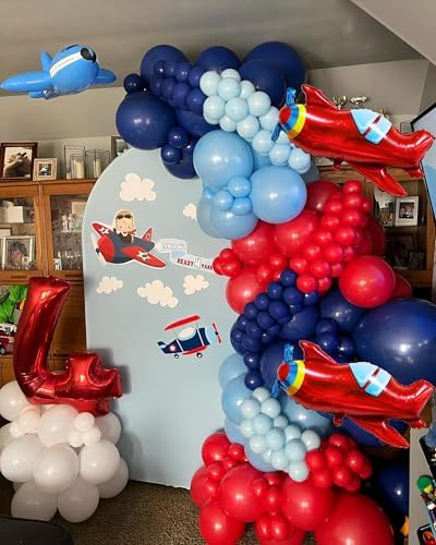 Airplane Birthday Party Decorations 142pcs Airplane Balloon Garland Arch Kit Dusty Blue and Red White with 2Pcs Airplane Mylar Balloon for Time Flies Theme Birthday Baby Shower Party Supplies - Image 3