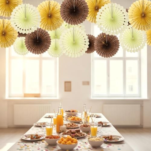 12PCS Brown Neutral Cream Paper Fans Decorations,Hanging Ceiling Honeycomb Round Tissue Paper Fans for Bridal Shower Rustic Boho Birthday Wedding Home Decor Party Decoration - Image 2