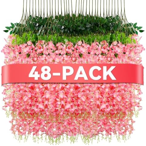 Alotiki Pink Wisteria Hanging Flowers, 48 Pack Fake Hanging Flowers by CreateABetterLife