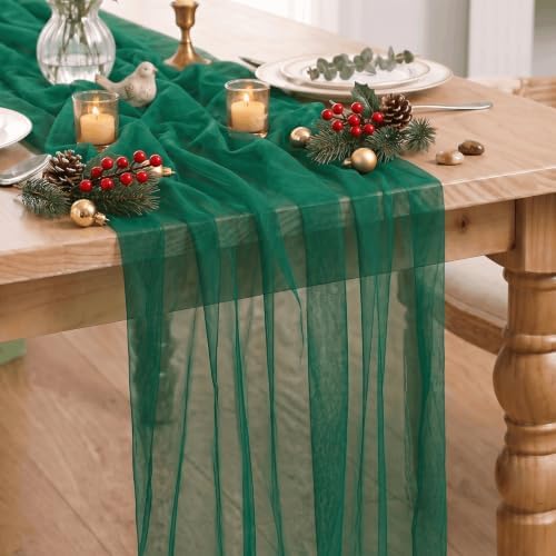 Artoid Mode 6Pcs Dark Green Gauze Table Runner 28x120Inch, Seasonal Sheer Kitchen Dining Holiday Wedding Birthday Baby Shower Table Decor for Home Party by ArtoidMode