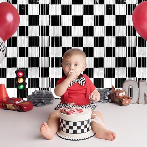 6 Pack 3.3Ft x 6.6Ft Race Car Checkered Foil Fringe Curtain Backdrop Decorations, Black White Metallic Tinsel Foil Streamers Curtain Photo Booth for Race Car One Happy Dude Birthday Party Decorations - Image 5