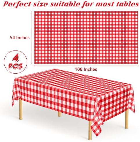 4Pack Plastic Table Cloth Ddisposable, 54" x 108" Table Cloth Rectangle Table, Waterproof Red and White Checkered Tablecloth, Outdoor Picnic Table Cover for Birthday Party Gathering Holiday Dinner - Image 2