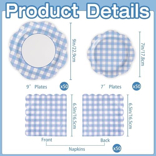 150Pcs Blue Gingham Paper Plates and Napkins Party Supplies for 50 Guests - Image 3