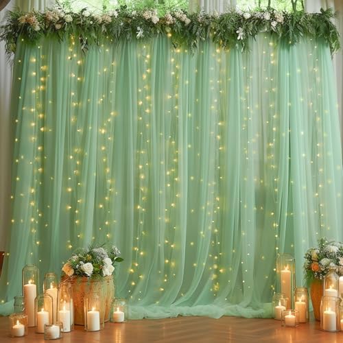 10ft x 10ft Green Backdrop Curtain with Lights String for Parties, Sheer Tulle Wedding Photo Backdrops Drapes for Baby Shower Birthday Party Decorations Background for Photography by Shillance