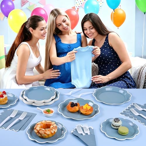 96 Pcs Dusty Blue and White Paper Plates and Napkins Set for 24 Guest - Image 4