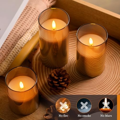 Tyawon Glass Battery Operated LED Flameless Candles with Remote and Timer, Real Wax Candles Warm Color Flickering Light for Festival Wedding Home Party Decor(Pack of 3)-Grey - Image 5
