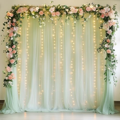 Tulle Backdrop Curtain with Lights 10x8FT Sage Green Sheer Curtains by Xiomot