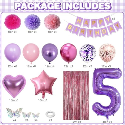 Pink Purple 5th Birthday Party Decoration for Girls Number 5 Princess Decor - Image 3