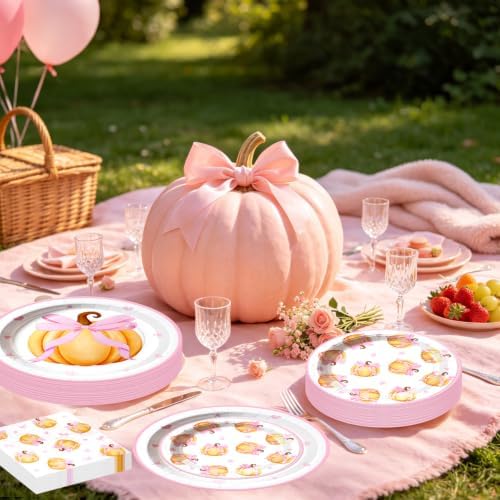 60 Pcs Pink Bow Pumpkin Paper Plates and Napkins Sets,Serves 20 - Image 6