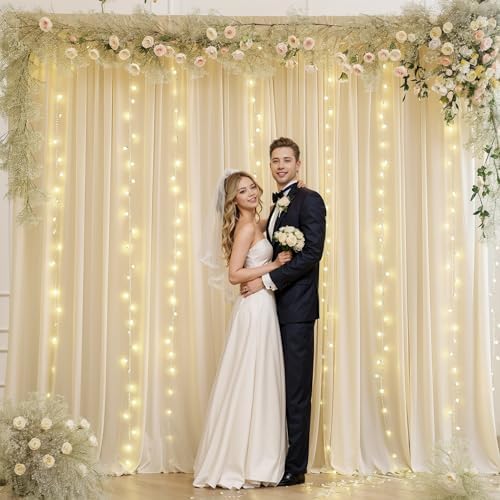 Beige Backdrop Curtains with Lights String for Parties,10x10FT Wrinkle Free Polyester Wedding Photo Backdrop Curtains for Baby Shower Birthday Ceremony Reception Home Party Decorations - Image 6