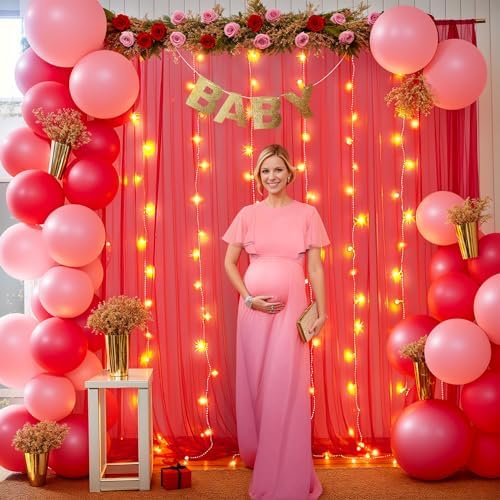 20ft x 10ft Red Backdrop Curtain with Lights String for Parties, Sheer Tulle Wedding Photo Backdrops Drapes for Baby Shower Birthday Party Decorations Background for Photography - Image 6