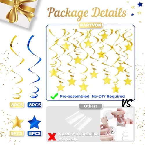 Blue Gold Hanging Swirl Decorations - 32 Pcs Metallic Ceiling Swirls with Foil Stars, Streamers for Graduation 2026, Wedding, Birthday, Nautical Theme, Father's Day, Retirement Party Supplies - Image 3