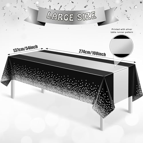 12Pcs Black Silver Tablecloth Party Decorations,Plastic Black Table Cloth Printed Silver Table Runner Disposable Rectangle Table Cover for Birthday Anniversary Wedding Graduation Party,54 x108 Inch - Image 2