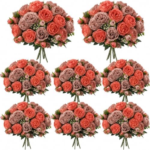 Geosar 16 Bundles Artificial Peonies Flowers,Orange, Brown by Geosar