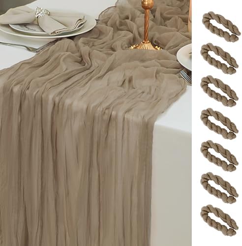 Snowkingdom 6 PCS Nude Brown Cheesecloth Table Runner, Taupe Light Tan 120 inch Long Boho Gauze Sheer Runner for Wedding Baby Shower Birthday Christmas Holiday Party Table Decorations by Snowkingdom