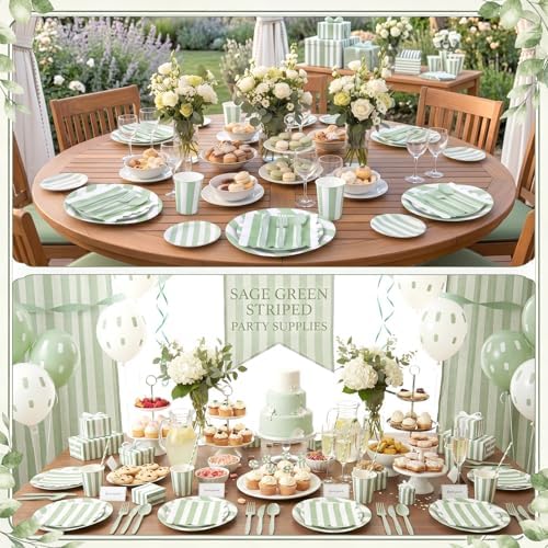 Mimorou 350 Pcs Sage Green and White Striped Party Tableware for 50 - Image 6