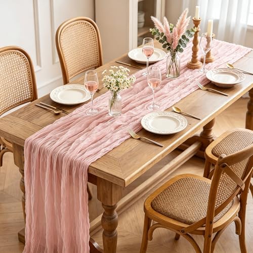 3Pcs Pink Cheesecloth Table Runner, 10FT Dusty Pink Boho Gauze Table Runner for Spring Easter Girl Baby Shower Bridal Shower Wedding Tea Party Pink Birthday Decorations - Image 2