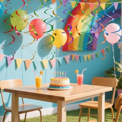Colorful Ceiling Swirl Foil Decorations Hanging Plastic Streamer Themed Swirl Party Decoration for Wedding Thanksgiving Day Graduation Celebration, Pack of 28 (Rainbow) - Image 5