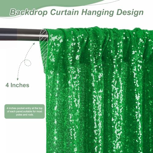 Green Sequin Backdrop Curtains-4 Panels 2FTx8FT Green Backdrop for St Patricks Day, Glitter Party Decorations Background Drapes for Wedding Birthday Anniversary Graduation Photo Booth Decor - Image 4