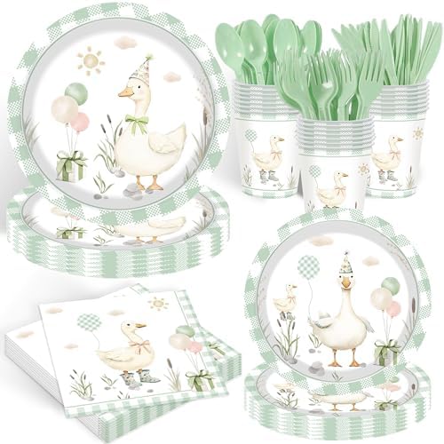 Pet Duck Birthday Decorations Supplies, 140PCS Disposable Paper Dinnerware Set Paper Plates Napkins Cups Set for 20 Guests Duck by Kilyparty
