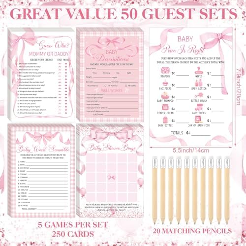 Patelai 321 Pcs Pink Bow Baby Shower Decorations Games Supplies, 50 Guests - Image 5