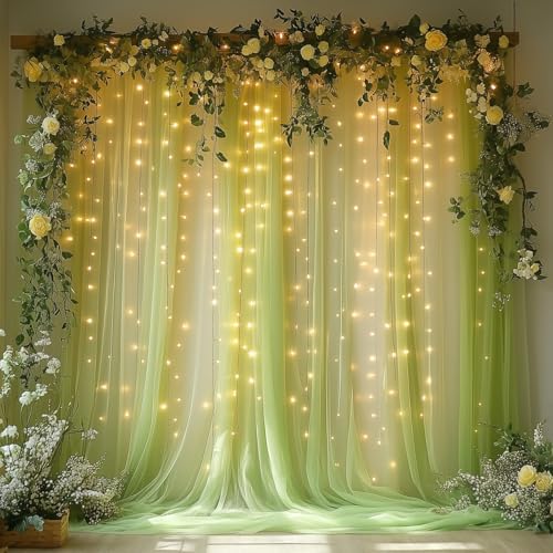 Sage Green Tulle Backdrop Curtain with Lights for Decor, 10x8FT by Unknown