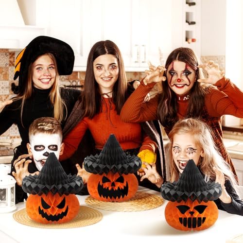 Fourluoo 6 Pcs Halloween Pumpkin Witch Hat Paper Honeycomb Centerpieces - Image 2