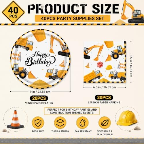 40 Pcs Construction Plates and Napkins Set, Large 9 Inch Party Plates - Image 2