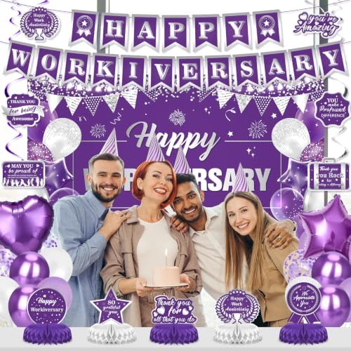 Happy Workiversary Decorations for Women Purple Silver Work Anniversary Banner Honeycomb Centerpieces Hanging Swirls Balloons Set for Office Employee Worker Anniversary Appreciation Party Supplies - Image 4
