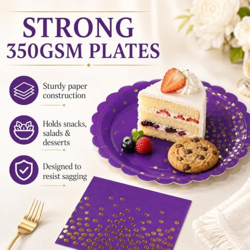 50PCS Purple Paper Plates and Napkins Set - Purple and Gold Dot Party Plates Disposable Party Tableware Dinnerware Set Party's Supplies Decorations for Birthdays, Baby Shower, Weddings and Holidays - Image 4