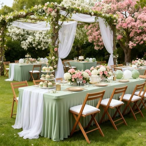 Wish Care 2 Pack Sage Green Spandex Table Clothes for 8 Foot Rectangle Tables, 8FT Wrinkle Free Fitted Tablecloths Ruffles Design Table Cloth for Party, Banquet, Wedding and Events - Image 5