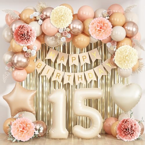 Beige Happy 15th Birthday Party Decoration Girls Cream Number 15 Balloon by KAINSY