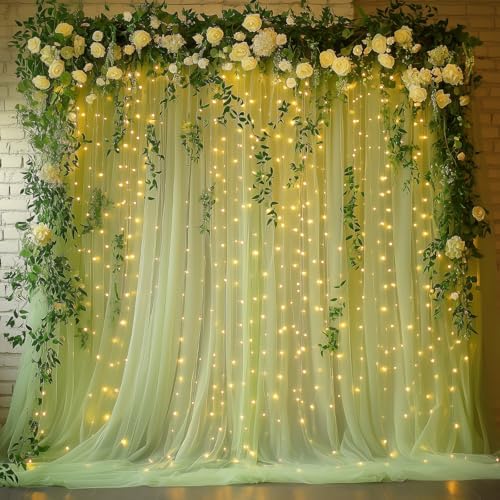 Sage Green Tulle Backdrop with Fairy Lights for Parites Wrinkle-Free Sheer Curtain Drapes Photo Back Drop for Wedding Baby Shower Bridal Shower Birthday Dance Home Décor- 10ft×8ft, Sage Green by HOLITS