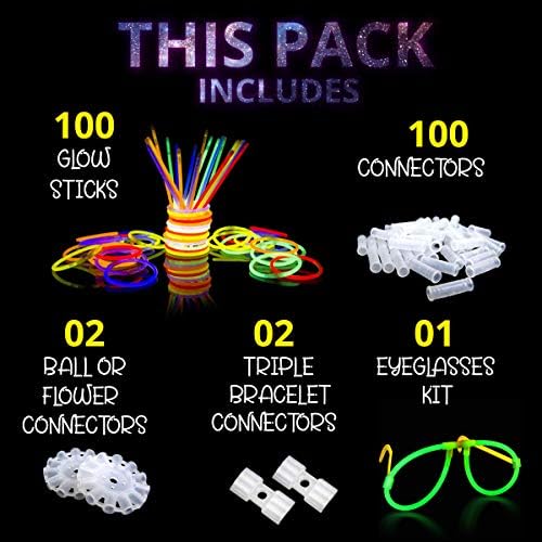 Ammy Glow Glow Sticks (205 Pcs Kit) Bulk Party Pack-100 Pack Glow Sticks with Connectors & Glasses- Party Favors for Kids 8-12- Neon Glow in The Dark Party Supplies for Birthdays & Events - Image 2