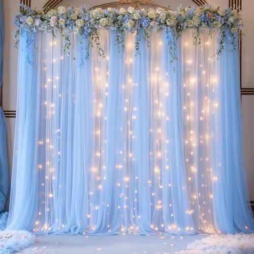Blue Tulle Backdrop Curtains with Lights String for Parites Baby Shower 30×8ft Blue Sheer Backdrop Curtains Drapes for Bridal Shower Birthday Party Photo Shoot Background Decorations(6 Panels 5×8ft) - Image 4