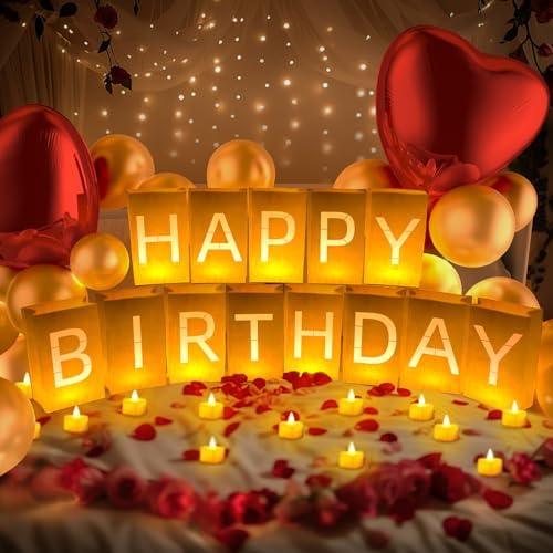Happy Birthday Decorations, Include Light up Letters, with Tea Lights Candles, Latex Balloons, Aluminum Balloons and Rose Petals, Special Festival, Surprise Gifts Banner for Women and Men - Image 4