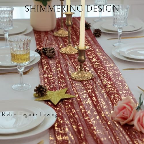 Snowkingdom 3Pcs 10Ft Burgundy Gold Gauze Sheer Table Runner - Image 3