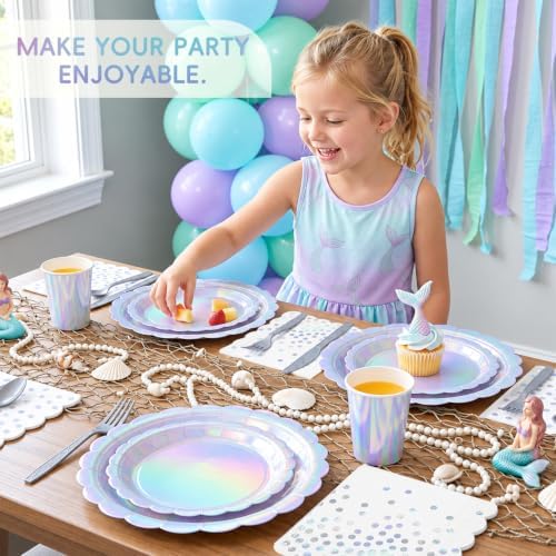 Iridescent Party Dinnerware Set, 175 Pcs Scalloped Paper Plates, Cups, Polka Dot Napkins and Plastic Cutlery, Serves 25 - Image 2